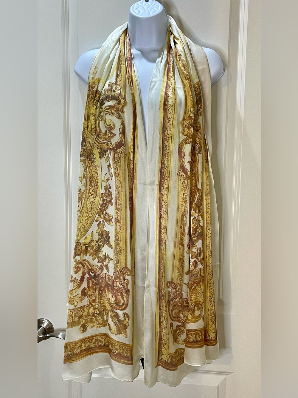 The Met 100% Silk Elegant White and Gold Baroque Scarf 26x80